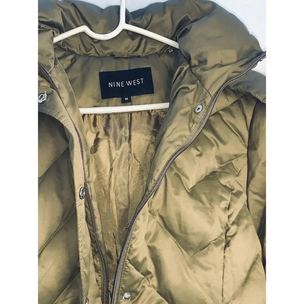 Sz M Nine West Womens Puffer Faux Fur Trim Hood jacket Down Parka Pockets Unworn